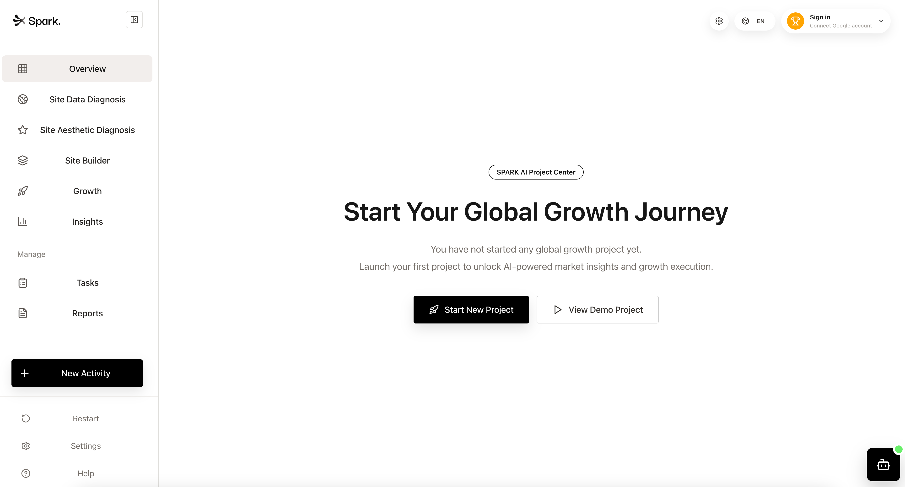 SPARK dashboard showing the global growth project center
